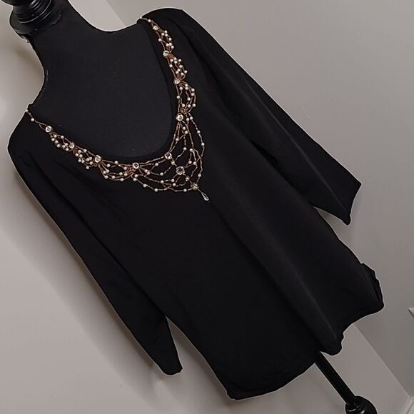 Papell studio black tunic with faux pearls and rhinestone embellishments, - Picture 1 of 9